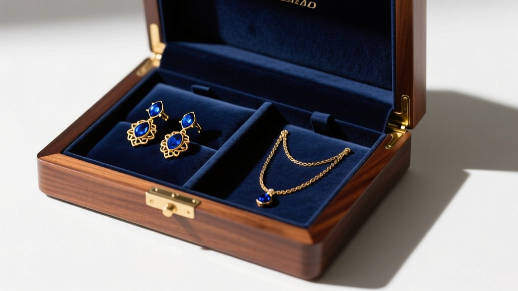 Open mahogany box with anti-tarnish velvet slots storing blue gold earrings and a chain safely away from harsh, direct sunlight.