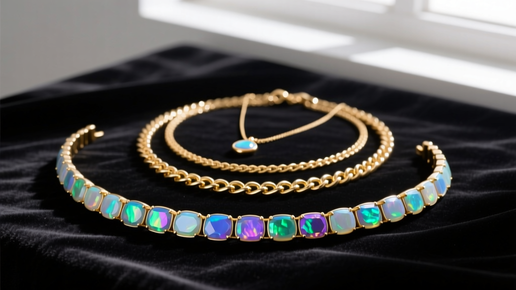 Flat lay of three layered necklaces: a 14-inch opal choker, an 18-inch gold chain, and a 22-inch pendant on dark velvet fabric