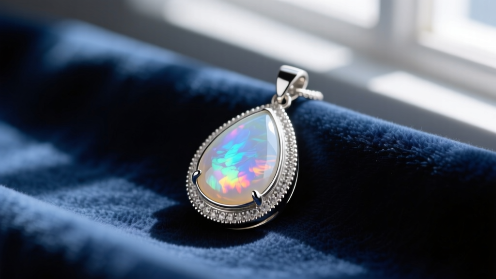 Close-up of a teardrop rainbow moonstone pendant in a sterling silver bezel setting, resting on a dark blue velvet cloth.