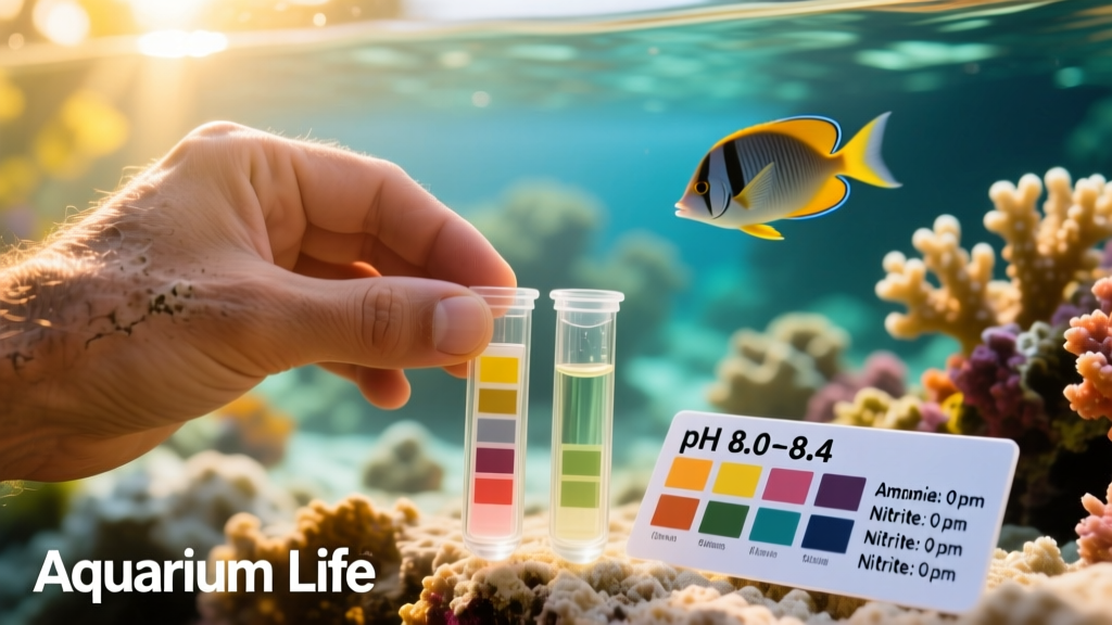 Close-up of a hand testing aquarium water with a liquid test kit, showing clear vials and color comparison chart