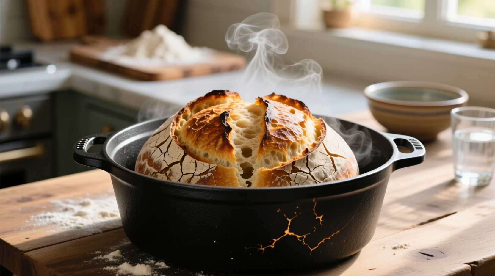 Perfectly baked sourdough loaf in cast iron Dutch oven