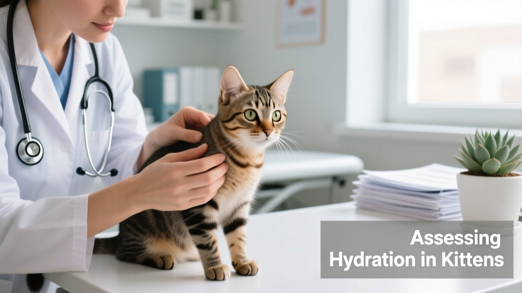 Close-up of a veterinarian gently performing the skin pinch test on a cat's scruff to assess hydration