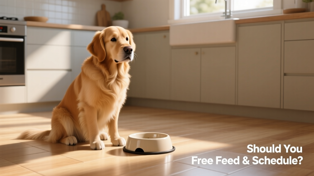 A calm dog sitting beside an empty food bowl on a clean kitchen floor