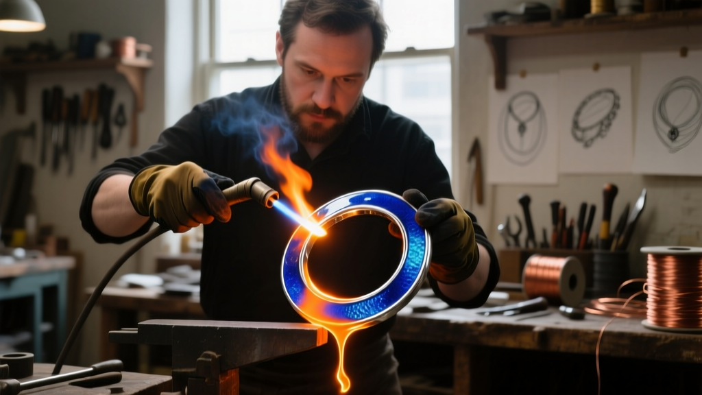 Jeweler firing vitreous cobalt blue enamel onto a silver hoop with a torch in a dim workshop, highlighting the glowing hot metal edge