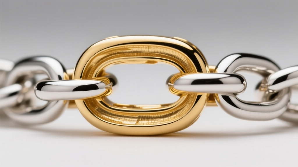 Macro photo showing the layered structure of 18k gold vermeil over a sterling silver chain link under bright studio lighting.