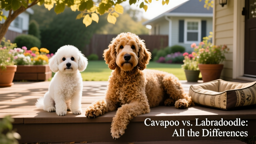Side-by-side comparison showing a small, fluffy Cavapoo sitting beside a larger, wavy-coated Labradoodle