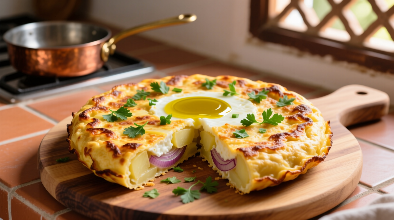 Golden Spanish tortilla with herb garnish
