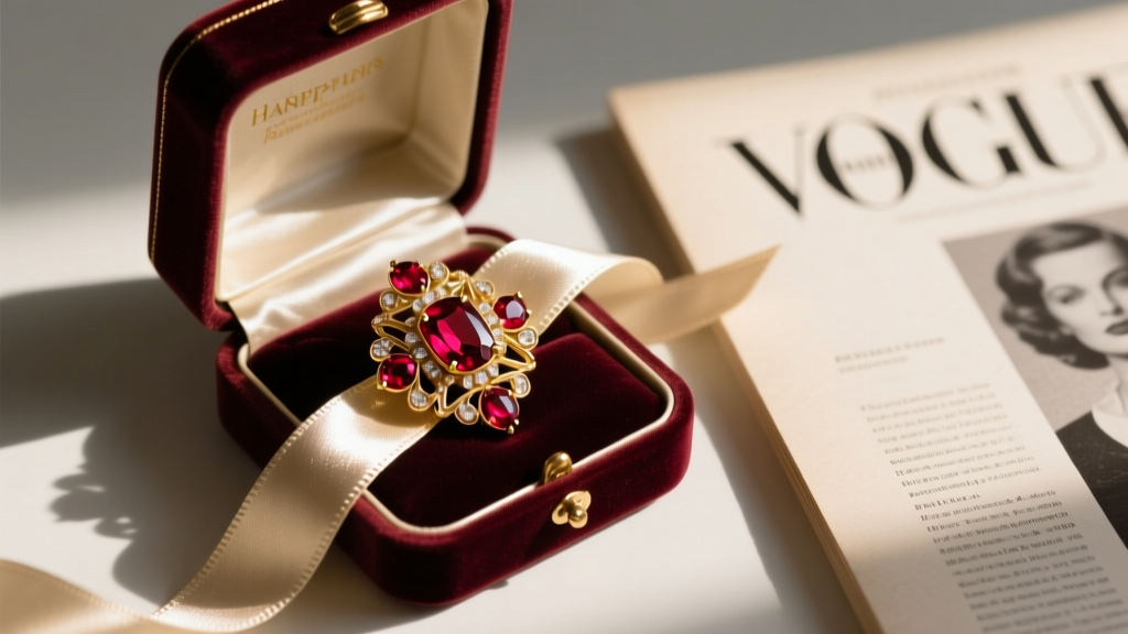 Open velvet gift box revealing a mid-century Retro gold and ruby brooch, resting on silk ribbon beside a printed auction catalog.
