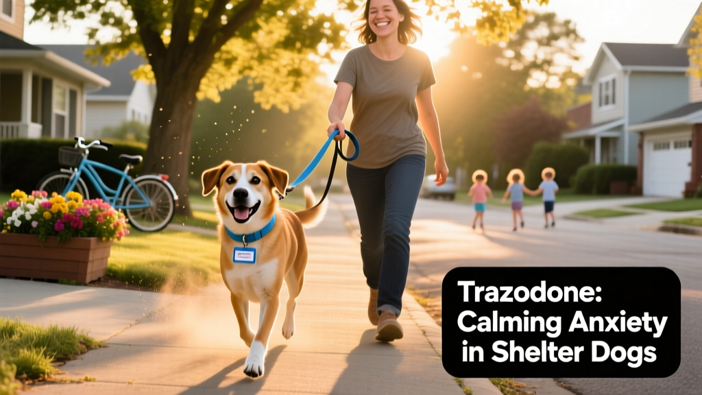 A happy, adopted dog walking confidently beside their new human on a sunny neighborhood street