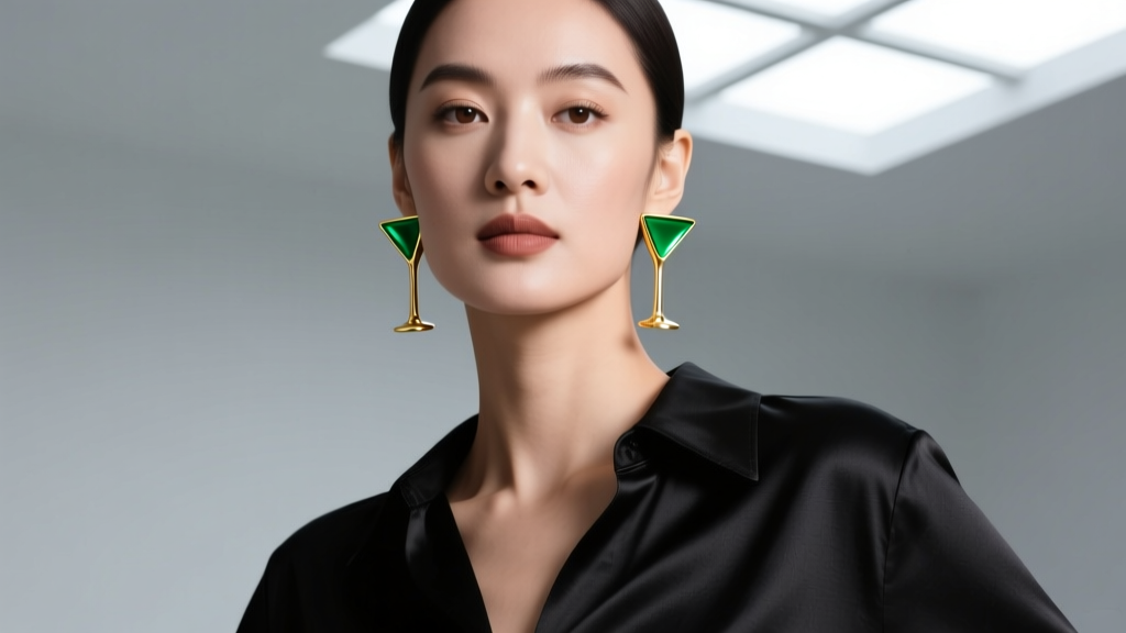 Woman wearing gold martini drop earrings and a black silk blouse, soft studio lighting highlighting the green enamel details