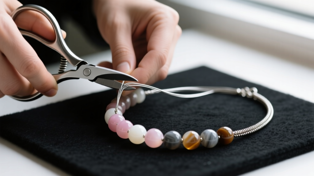 Hands using flush cutters to trim steel beading wire while restringing heavy unakite gemstone necklace on a dark felt jeweler pad