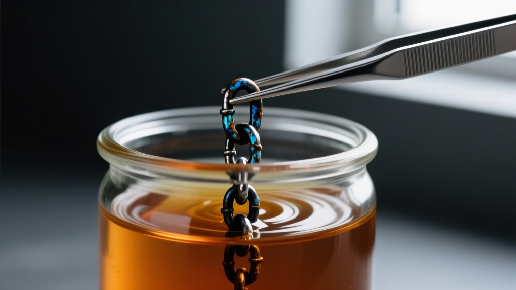 Close-up of a glass jar with liver of sulfur solution and tweezers holding a tarnished silver curb chain in a dimly lit studio.