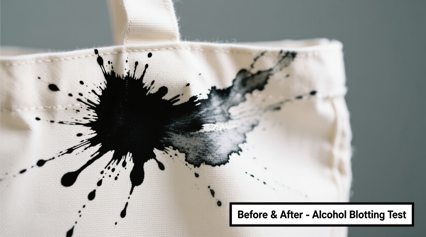 Close-up photograph showing a cotton tote bag with a fresh black ink stain on the left, and the same area after targeted alcohol blotting—ink visibly lifted, fabric texture intact, no discoloration or pilling