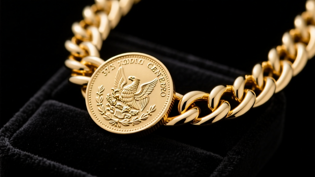 A heavy 18k yellow gold Cuban chain holding a 37mm Mexican Centenario coin in a polished bezel on a dark velvet pad.