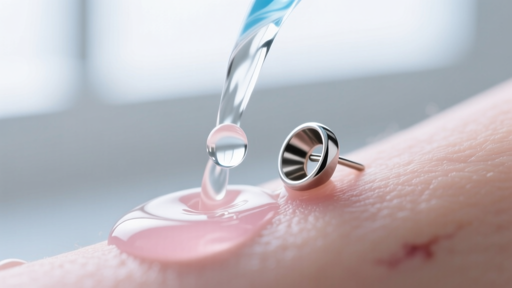 Gentle stream of sterile saline wound wash spraying over a healing 16-gauge titanium cartilage earring, captured in crisp high-speed photography.