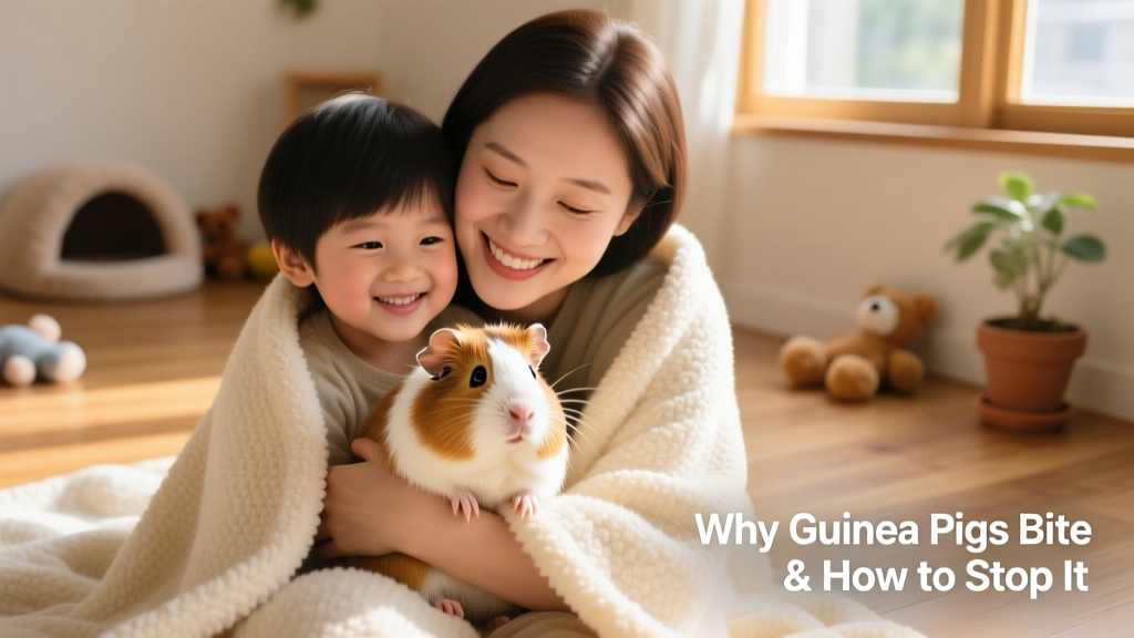 A child and adult gently holding a guinea pig together on a soft blanket, smiling