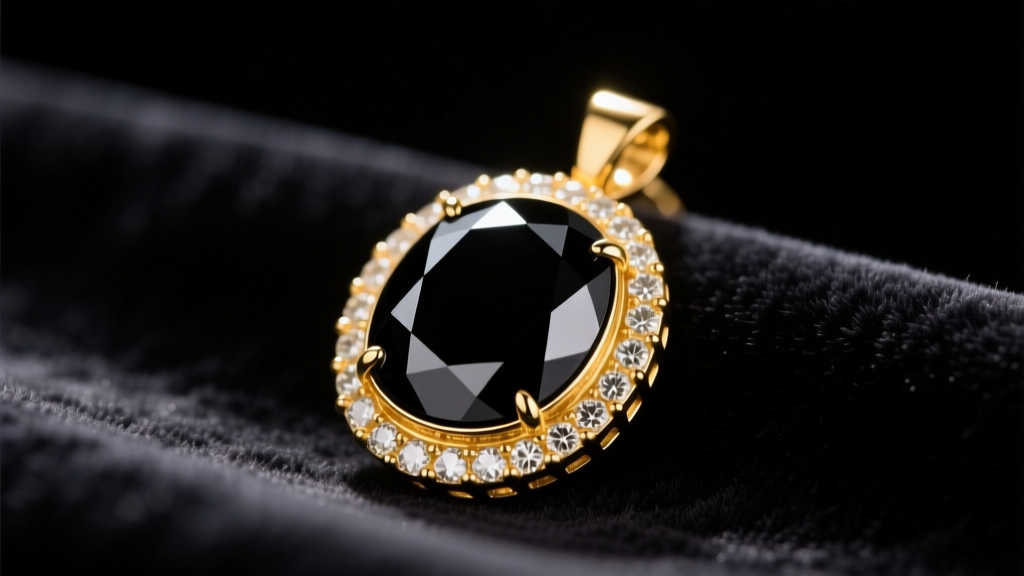 Elegant 18k yellow gold bezel-set black onyx pendant resting on dark velvet, illuminated by soft directional studio lighting.