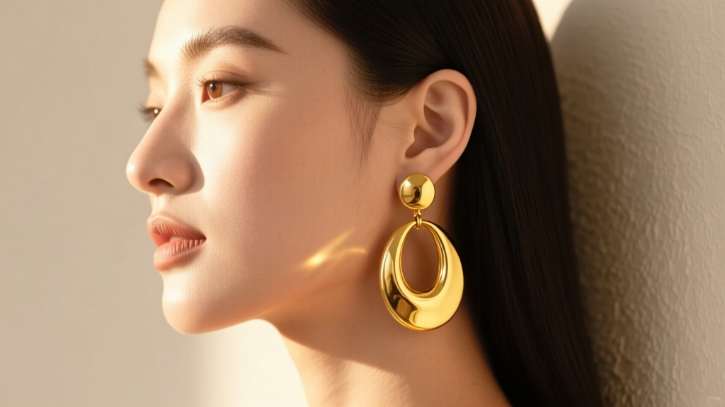 Side profile of a model wearing chunky 14k gold vermeil drop earrings, showing warm yellow gold tones against natural sunlight.
