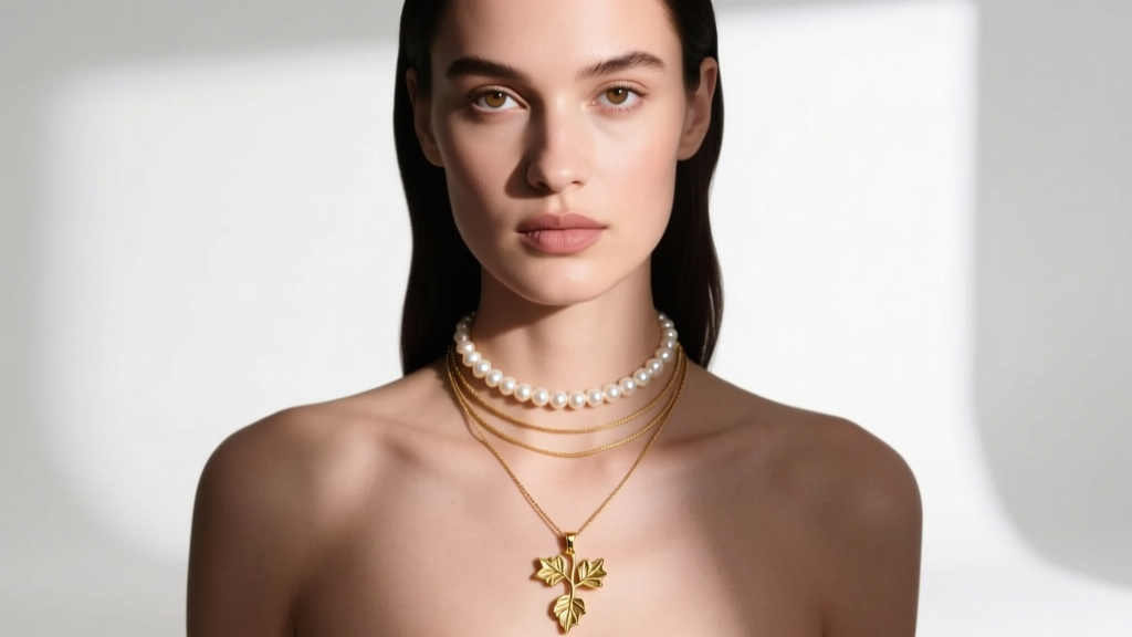 Model wearing a layered necklace stack featuring a 14k gold ivy pendant on a 1.2mm cable chain paired with a simple pearl choker.