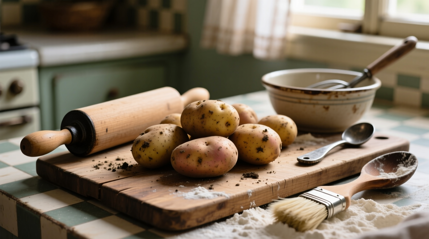 Russett potatoes on wooden cutting board with baking utensils