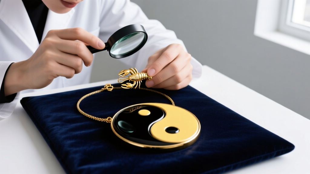 Jeweler using a loupe to inspect the hallmark on the lobster clasp of an 18k gold yin and yang necklace on a dark velvet pad