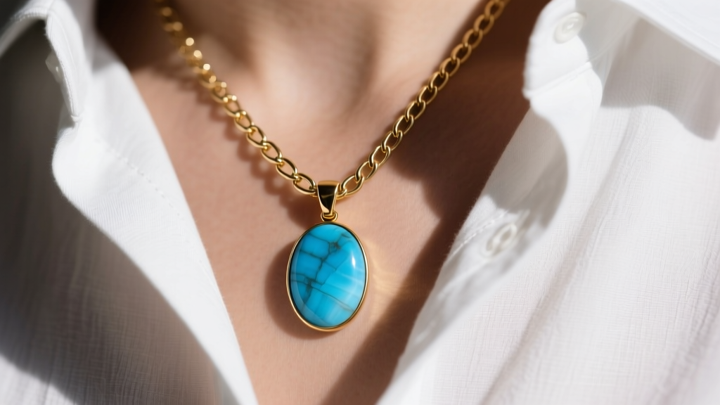Close-up of a gold-tone brass chain holding a smooth, brightly dyed blue howlite pendant over a crisp white linen button-down shirt.