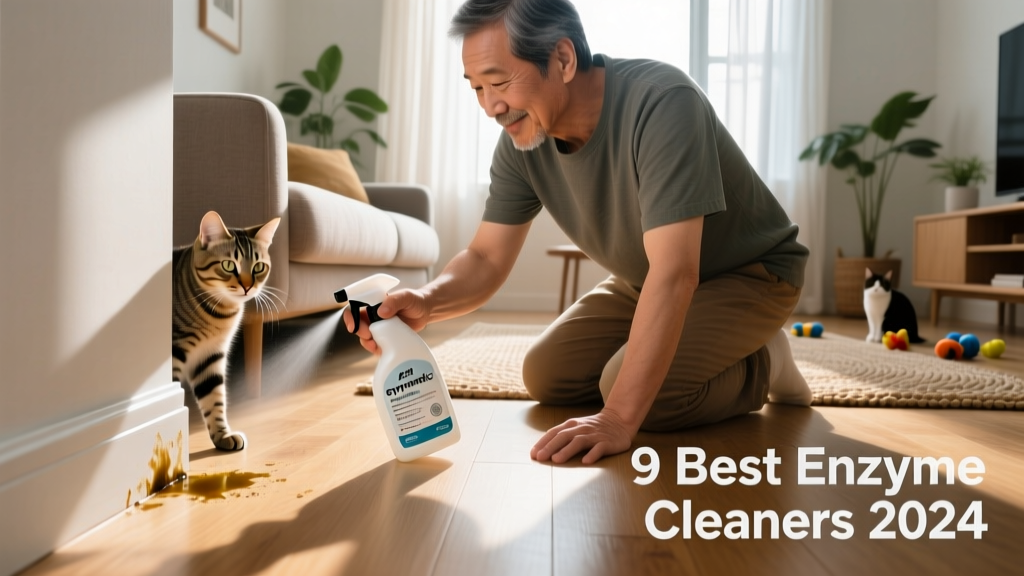 Cat owner spraying enzymatic cleaner on baseboard corner where urine odor persists