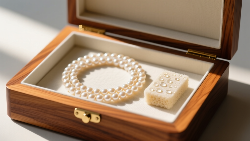 Open cedar jewelry box lined with cotton, holding a coiled multi strand pearl necklace resting next to a small damp sponge