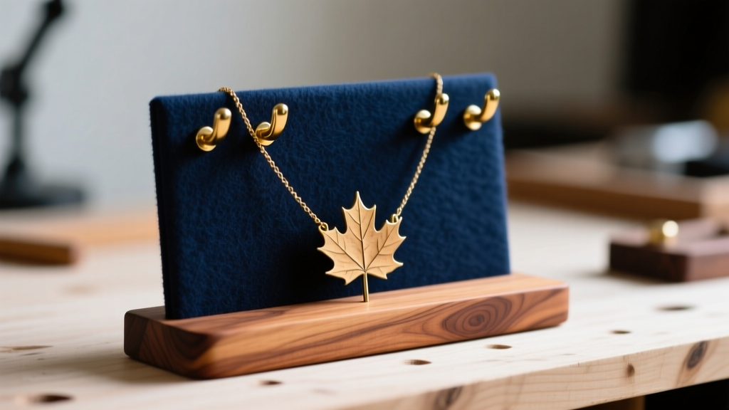 Close-up of a crafted maple wood DIY necklace holder on a workbench, featuring brass hooks and dark blue archival felt lining.