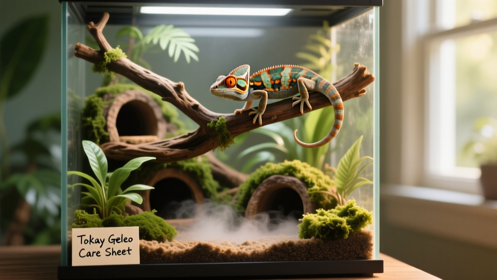 A well-planted, vertically oriented tokay gecko terrarium with climbing branches, hides, and moisture-retaining substrate