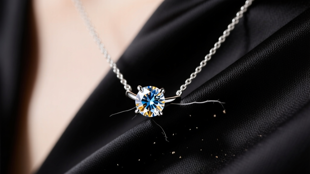 Close-up of a four-prong diamond setting on a long necklace catching a thread on a black silk blouse, showing the friction point.