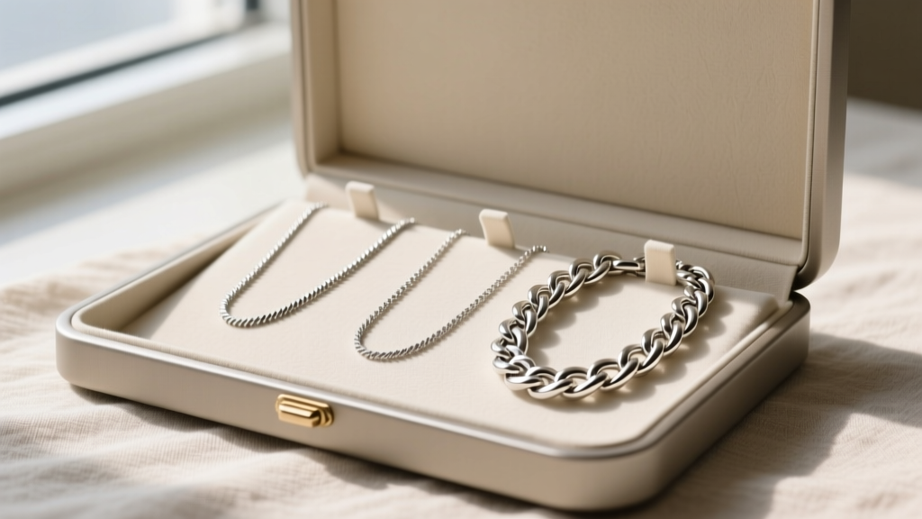 Flat lay of a jewelry organizer showing three silver necklaces, ranging from a delicate 1mm cable chain to a heavy 5mm Cuban link.