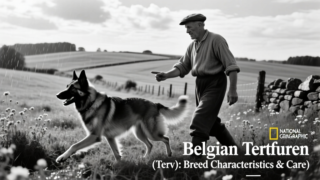 Historic black-and-white photo showing a Belgian Tervuren working alongside a farmer in a rural Belgian field