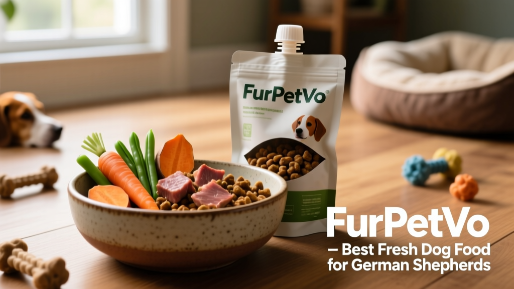 Close-up of a FurPetVo meal pouch next to a bowl of freshly served food, with visible chunks of meat and colorful vegetables