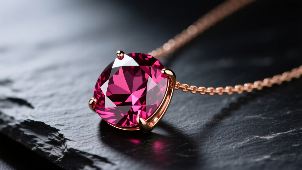 Close-up of a vibrant rubellite tourmaline pendant necklace in 18k rose gold, resting on dark slate with soft directional light.