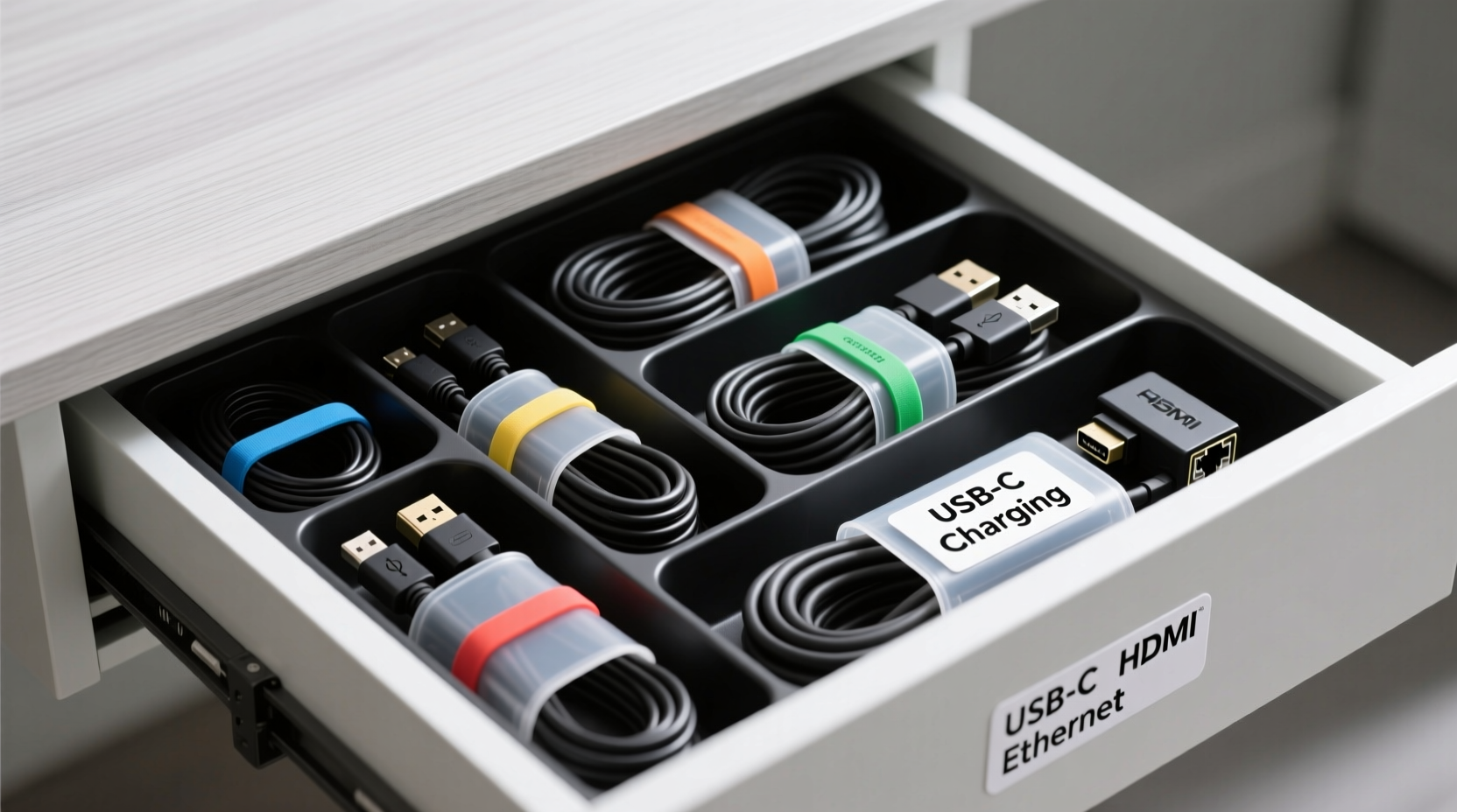 best way to organize cables in a desk drawer for instant access