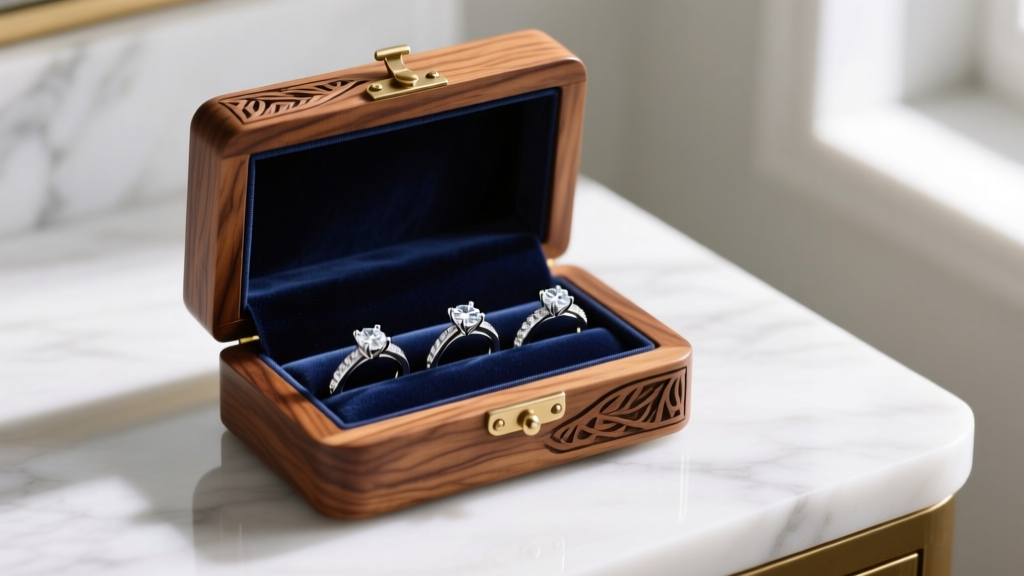 Open walnut miniature jewelry box with navy velvet interior holding three diamond rings on a white marble vanity top.