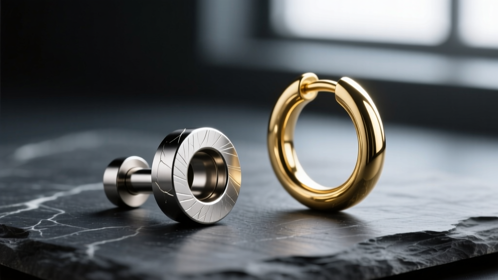 Macro shot of an ASTM F136 implant-grade titanium labret stud next to a 14k solid gold huggie hoop on a dark slate surface.
