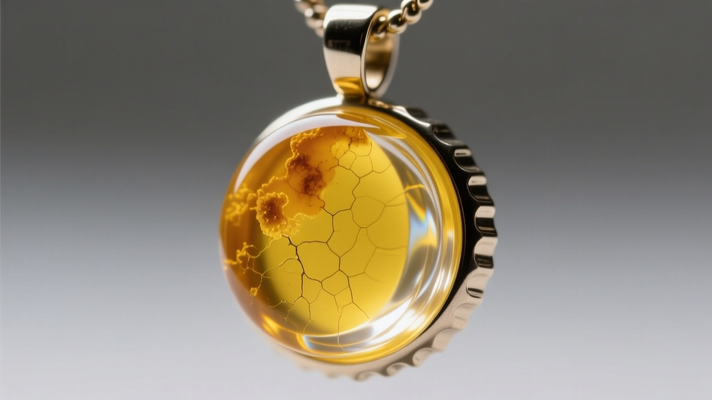 Macro comparison of yellowed UV resin versus crystal-clear two-part epoxy resin on a metal bottle cap pendant surface