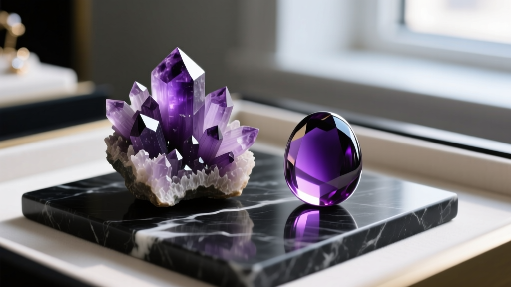 Macro shot of a raw amethyst crystal cluster next to a smooth cabochon amethyst stone on a jeweler's wooden workbench