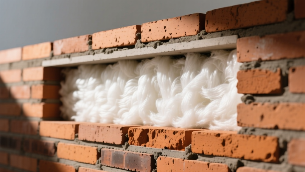 Cross-section of a brick cavity wall showing dense clay brick exterior and lightweight mineral wool insulation interior
