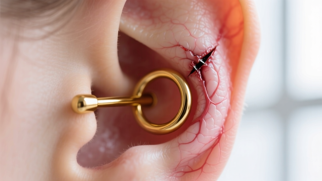 Macro shot of a healed 16-gauge helix piercing with a gold clicker hoop, showing the dense fistula tissue inside the ear cartilage.