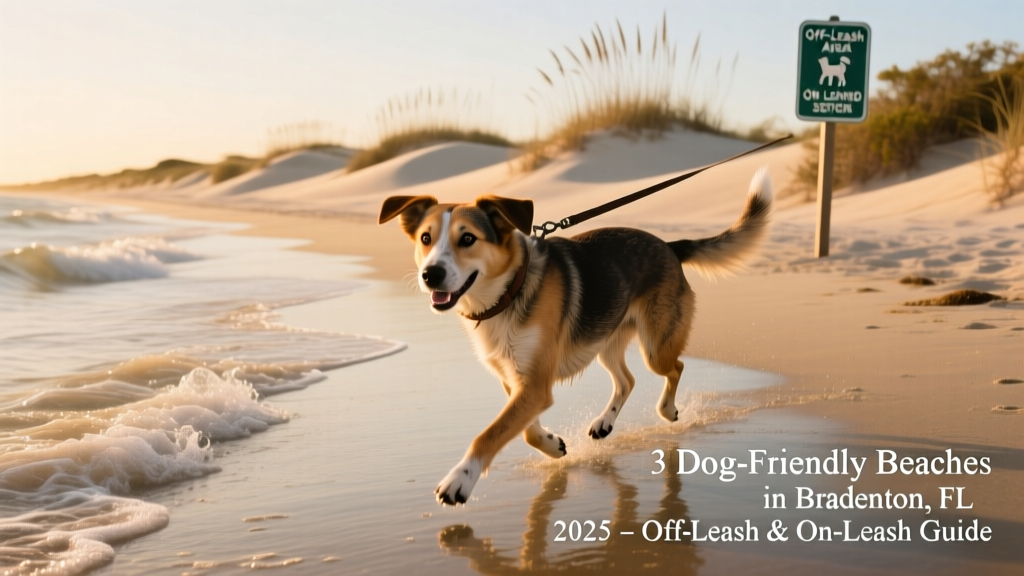A mixed-breed dog trotting along the water’s edge at Coquina Beach, with soft waves and dunes in the background