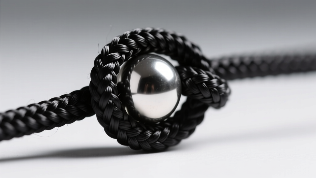Macro shot of a black nylon cord slip knot being tightened around a silver bead, showing the cord texture and tension clearly