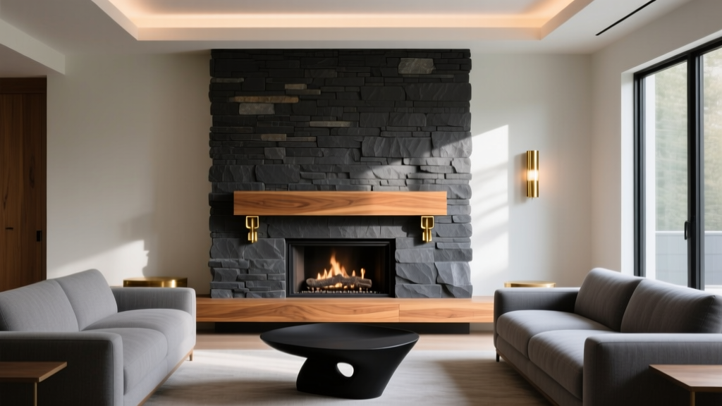 Modern living room fireplace clad in dark charcoal stacked stone veneer with a warm oak mantel and brass accents