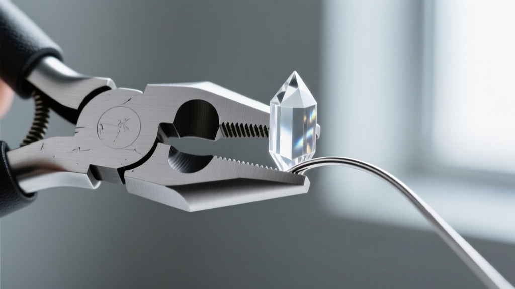 Close-up of nylon jaw pliers bending 20-gauge dead soft silver wire around a clear quartz point, highlighting the smooth jaws