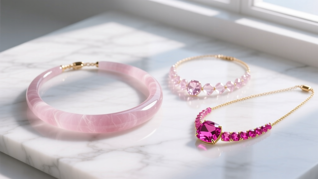 Flat lay of three pink gemstone necklaces: opaque rose quartz, translucent morganite, and vivid pink tourmaline on white marble.