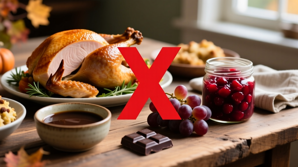 A close-up of various Thanksgiving foods — turkey slice, stuffing, gravy, cranberry sauce, and a small piece of chocolate — with a red 'X' over the chocolate and grapes