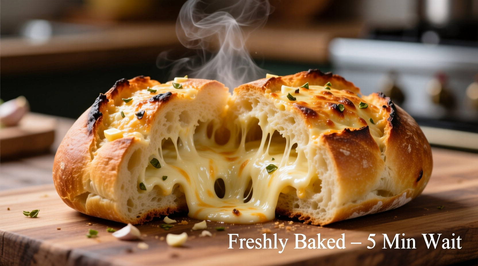Freshly baked cheesy garlic bread with melted cheese