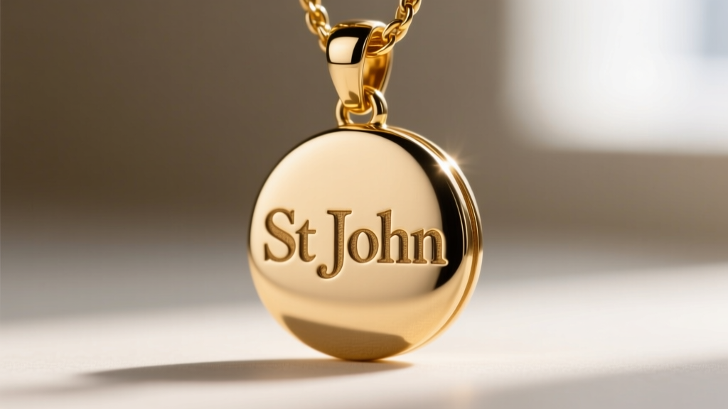 Macro shot of an authentic St John pendant back showing a deeply stamped serif logo and a secure gold-tone lobster clasp.